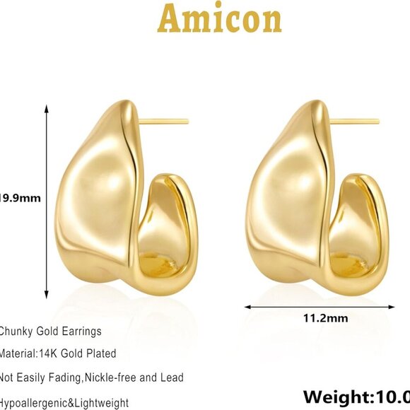 Chunky Gold Stud Earrings 14k Gold Plated Hypoallergenic Trendy Jewelry Gifts - Picture 3 of 6